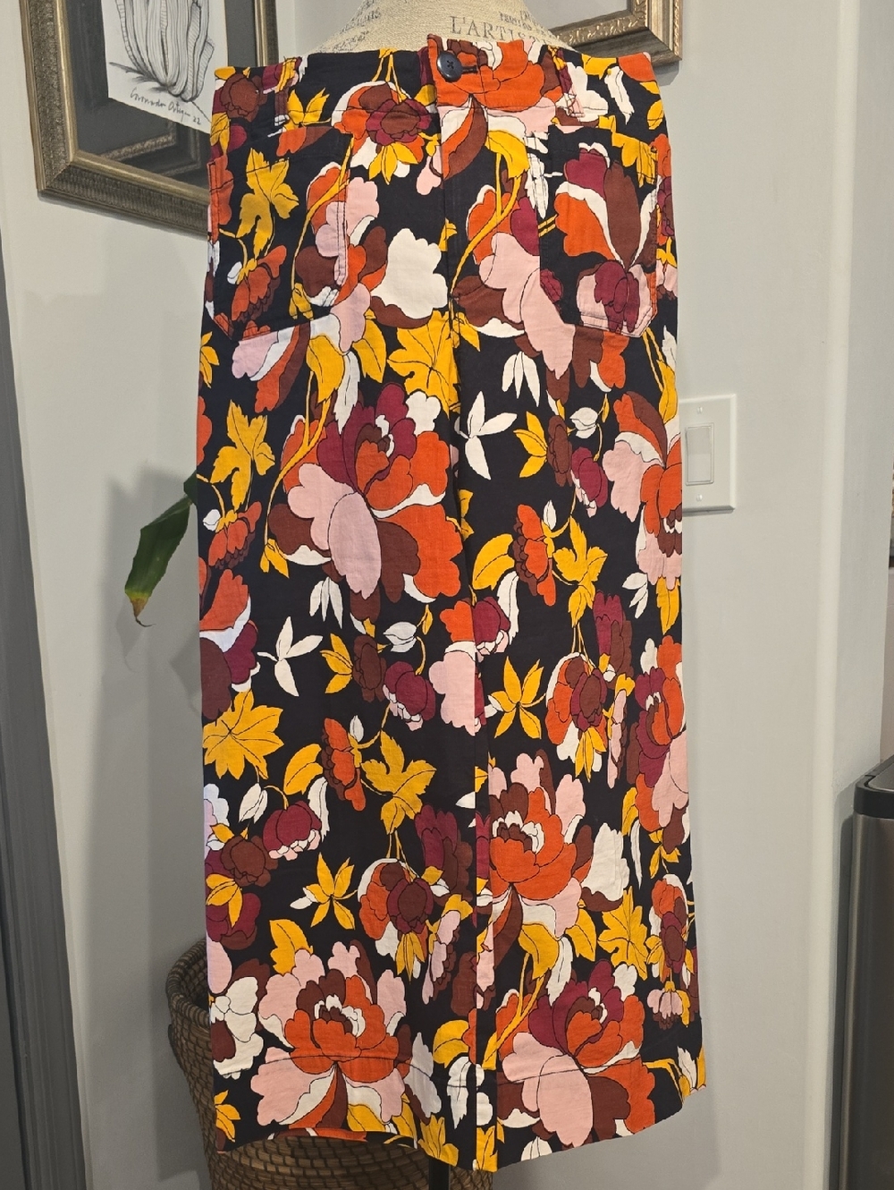 Maeve The Colette Black Floral Wide Leg Pants with Orange, Pink & Yellow Blooms